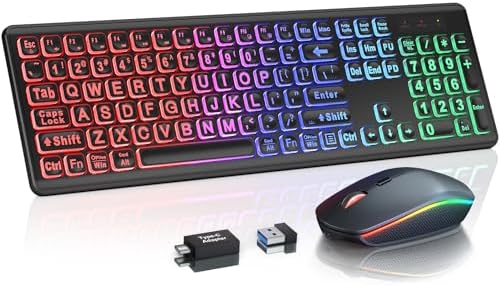 Wireless Keyboard and Mouse Combo  RGB Backlit  Rechargeable & Light Up Letters  Full Size  Soft Typing  Sleep Mode  2 4GHz Quiet Keyboard Set for Mac  Windows  Laptop  PC  Trueque  Black 