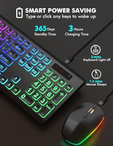 Wireless Keyboard and Mouse Combo  RGB Backlit  Rechargeable & Light Up Letters  Full Size  Soft Typing  Sleep Mode  2 4GHz Quiet Keyboard Set for Mac  Windows  Laptop  PC  Trueque  Black 