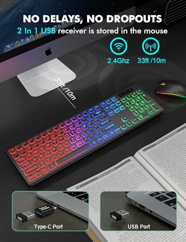Wireless Keyboard and Mouse Combo  RGB Backlit  Rechargeable & Light Up Letters  Full Size  Soft Typing  Sleep Mode  2 4GHz Quiet Keyboard Set for Mac  Windows  Laptop  PC  Trueque  Black 