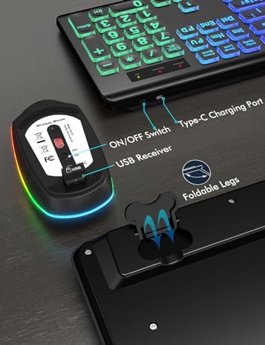 Wireless Keyboard and Mouse Combo  RGB Backlit  Rechargeable & Light Up Letters  Full Size  Soft Typing  Sleep Mode  2 4GHz Quiet Keyboard Set for Mac  Windows  Laptop  PC  Trueque  Black 