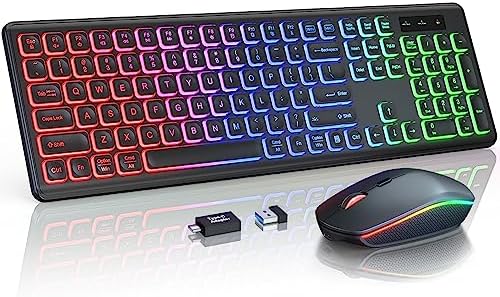 Wireless Keyboard and Mouse Combo  RGB Backlit  Rechargeable & Light Up Letters  Full Size  Soft Typing  Sleep Mode  2 4GHz Quiet Keyboard Set for Mac  Windows  Laptop  PC  Trueque  Black 