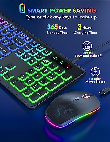 Wireless Keyboard and Mouse Combo  RGB Backlit  Rechargeable & Light Up Letters  Full Size  Soft Typing  Sleep Mode  2 4GHz Quiet Keyboard Set for Mac  Windows  Laptop  PC  Trueque  Black 