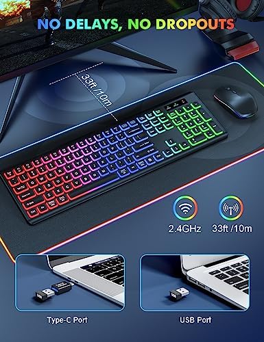 Wireless Keyboard and Mouse Combo  RGB Backlit  Rechargeable & Light Up Letters  Full Size  Soft Typing  Sleep Mode  2 4GHz Quiet Keyboard Set for Mac  Windows  Laptop  PC  Trueque  Black 
