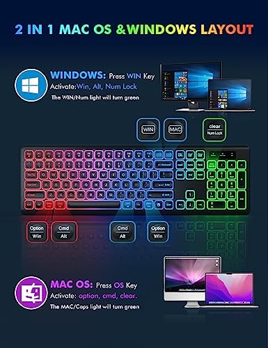 Wireless Keyboard and Mouse Combo  RGB Backlit  Rechargeable & Light Up Letters  Full Size  Soft Typing  Sleep Mode  2 4GHz Quiet Keyboard Set for Mac  Windows  Laptop  PC  Trueque  Black 