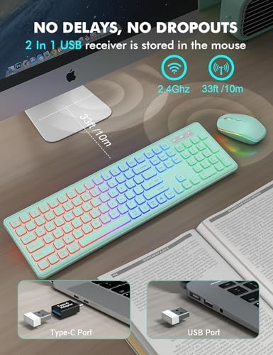 Wireless Keyboard and Mouse Combo  RGB Backlit  Rechargeable & Light Up Letters  Full Size  Soft Typing  Sleep Mode  2 4GHz Quiet Keyboard Set for Mac  Windows  Laptop  PC  Trueque  Black 