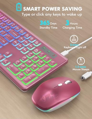 Wireless Keyboard and Mouse Combo  RGB Backlit  Rechargeable & Light Up Letters  Full Size  Soft Typing  Sleep Mode  2 4GHz Quiet Keyboard Set for Mac  Windows  Laptop  PC  Trueque  Black 