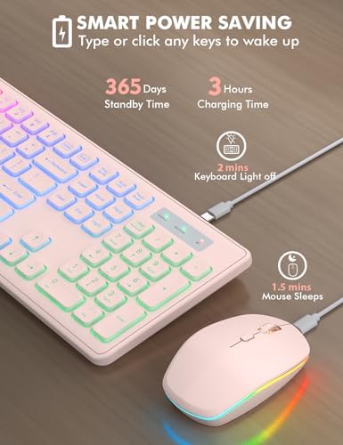 Wireless Keyboard and Mouse Combo  RGB Backlit  Rechargeable & Light Up Letters  Full Size  Soft Typing  Sleep Mode  2 4GHz Quiet Keyboard Set for Mac  Windows  Laptop  PC  Trueque  Black 