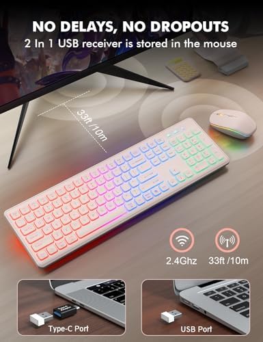 Wireless Keyboard and Mouse Combo  RGB Backlit  Rechargeable & Light Up Letters  Full Size  Soft Typing  Sleep Mode  2 4GHz Quiet Keyboard Set for Mac  Windows  Laptop  PC  Trueque  Black 