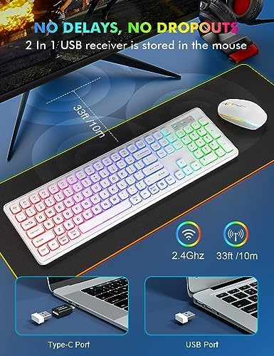 Wireless Keyboard and Mouse Combo  RGB Backlit  Rechargeable & Light Up Letters  Full Size  Soft Typing  Sleep Mode  2 4GHz Quiet Keyboard Set for Mac  Windows  Laptop  PC  Trueque  Black 