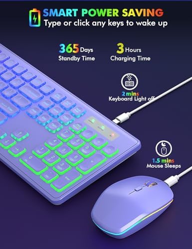Wireless Keyboard and Mouse Combo  RGB Backlit  Rechargeable & Light Up Letters  Full Size  Soft Typing  Sleep Mode  2 4GHz Quiet Keyboard Set for Mac  Windows  Laptop  PC  Trueque  Black 