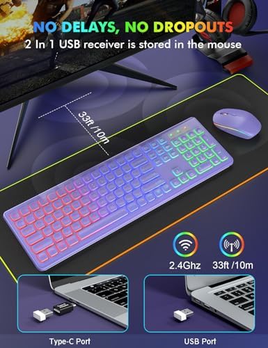Wireless Keyboard and Mouse Combo  RGB Backlit  Rechargeable & Light Up Letters  Full Size  Soft Typing  Sleep Mode  2 4GHz Quiet Keyboard Set for Mac  Windows  Laptop  PC  Trueque  Black 