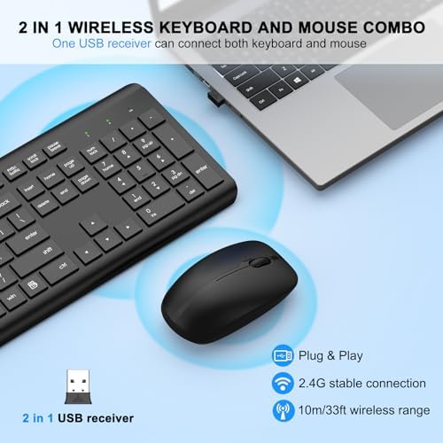 Wireless Keyboard and Mouse Combo  Full Size Silent Ergonomic Keyboard and Mouse  Long Battery Life  Optical Mouse  2 4G Lag Free Cordless Mice Keyboard for Computer  Mac  Laptop  PC  Window 8 Pack 