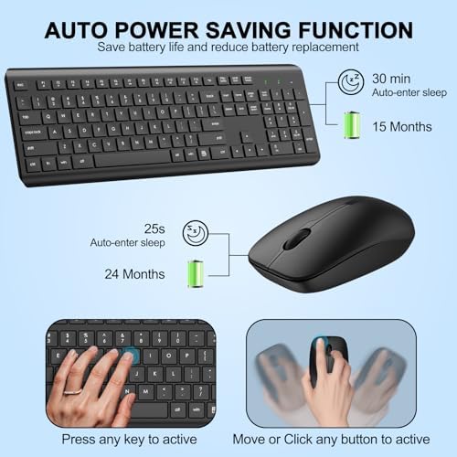 Wireless Keyboard and Mouse Combo  Full Size Silent Ergonomic Keyboard and Mouse  Long Battery Life  Optical Mouse  2 4G Lag Free Cordless Mice Keyboard for Computer  Mac  Laptop  PC  Window 8 Pack 