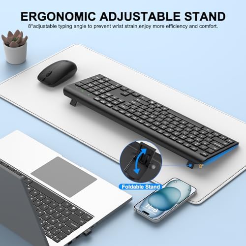 Wireless Keyboard and Mouse Combo  Full Size Silent Ergonomic Keyboard and Mouse  Long Battery Life  Optical Mouse  2 4G Lag Free Cordless Mice Keyboard for Computer  Mac  Laptop  PC  Windows