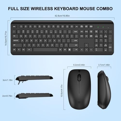 Wireless Keyboard and Mouse Combo  Full Size Silent Ergonomic Keyboard and Mouse  Long Battery Life  Optical Mouse  2 4G Lag Free Cordless Mice Keyboard for Computer  Mac  Laptop  PC  Windows