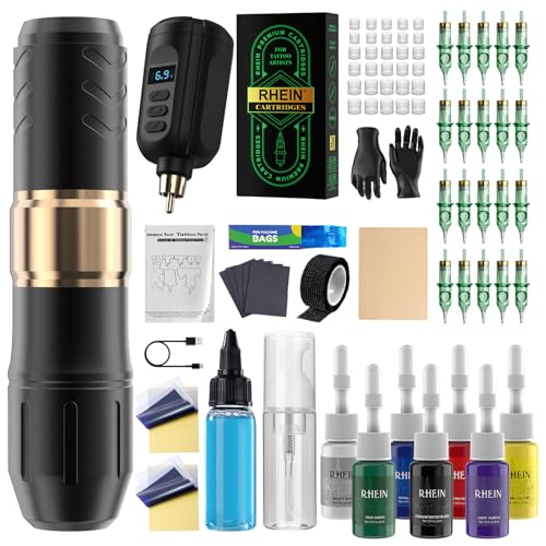 Wireless Tattoo Gun Kit Rotary Tattoo Machine Pen Kit with 1PCS Battery and 20 Pcs Cartridge Needles 7 Colors Ink