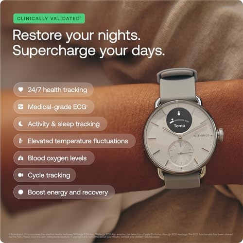 Withings ScanWatch 2 - Reloj inteligente híbrido, monitoreo de frecuencia cardíaca, rastreador de fitness, seguimiento de ciclo, monitoreo del sueño, rastreador GPS, duración de la batería de 30 días, compatible con Android y Apple, HSA/FSA