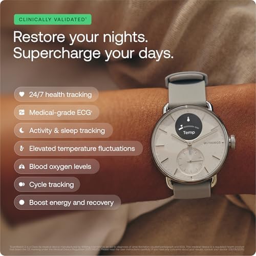 Withings ScanWatch 2 - Reloj inteligente híbrido, monitoreo de frecuencia cardíaca, rastreador de fitness, seguimiento de ciclo, monitoreo del sueño, rastreador GPS, duración de la batería de 30 días, compatible con Android y Apple, HSA/FSA