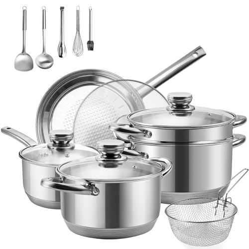 Wodillo 15 Piece Cookware Set Stainless Steel Pots and Pans Set  Nonstick Frying Pans  Sauce pan  Food Streamer & Soup Pots with Multi Ply Designed Bottom  Induction Compatible