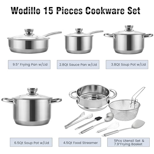 Wodillo 15 Piece Cookware Set Stainless Steel Pots and Pans Set  Nonstick Frying Pans  Sauce pan  Food Streamer & Soup Pots with Multi Ply Designed Bottom  Induction Compatible