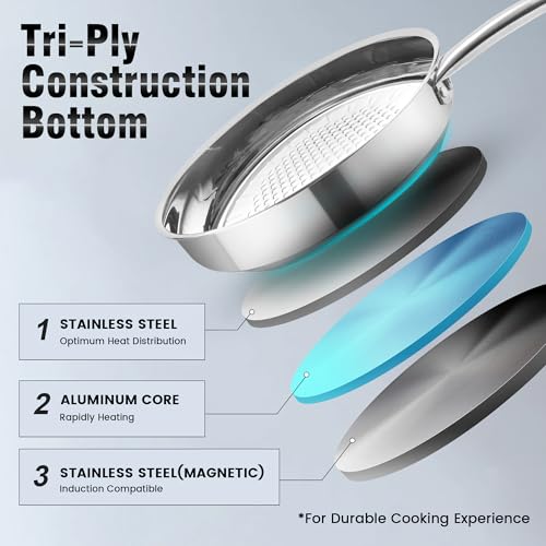 Wodillo 15 Piece Cookware Set Stainless Steel Pots and Pans Set  Nonstick Frying Pans  Sauce pan  Food Streamer & Soup Pots with Multi Ply Designed Bottom  Induction Compatible