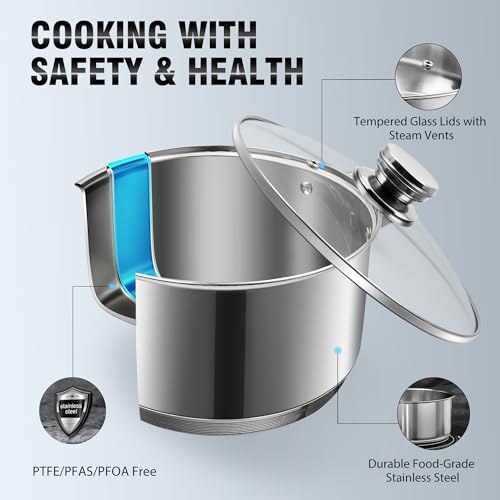 Wodillo 15 Piece Cookware Set Stainless Steel Pots and Pans Set  Nonstick Frying Pans  Sauce pan  Food Streamer & Soup Pots with Multi Ply Designed Bottom  Induction Compatible