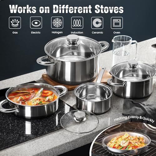 Wodillo 15 Piece Cookware Set Stainless Steel Pots and Pans Set  Nonstick Frying Pans  Sauce pan  Food Streamer & Soup Pots with Multi Ply Designed Bottom  Induction Compatible