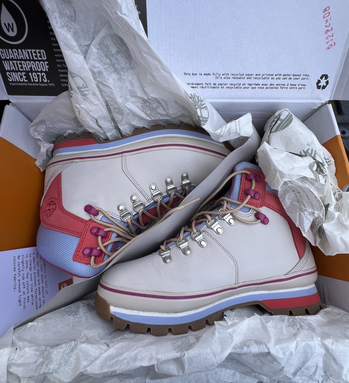Talla 6.5, Women s Timberland Euro Hiker Waterproof Boots A61PY Size 6 5 White Nubuck NIB