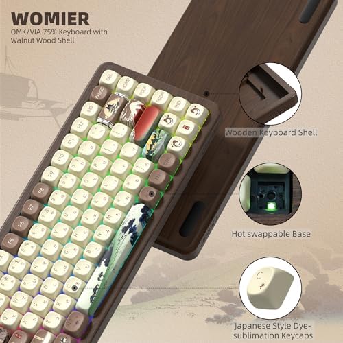 Womier 75% Wireless Creamy Keyboard with Wood Shell, QMK/VIA WD75 V2 Retro Mechanical Gaming Keyboard 8000mAh Battery, Tri-Mode Custom Key Board RGB Hot Swappable, MOA Japanese Keycap-Linear Switch