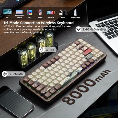 Womier 75% Wireless Creamy Keyboard with Wood Shell, QMK/VIA WD75 V2 Retro Mechanical Gaming Keyboard 8000mAh Battery, Tri-Mode Custom Key Board RGB Hot Swappable, MOA Japanese Keycap-Linear Switch