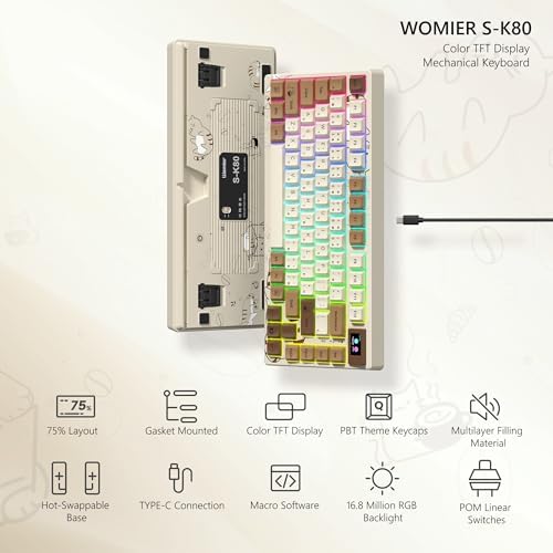 Womier SK80 Retro 75  Keyboard with Color Multimedia Display Mechanical Gaming Keyboard  Hot Swappable Gasket Mount RGB Custom Key Board  Pre lubed Stabilizer for Mac/Win Coffee Cat