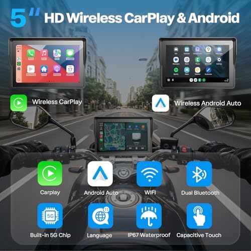 WonVon 5 Inch Motorcycle Carplay GPS Navigation System with Apple Carplay and Android Auto Portable Screen with Dual Bluetooth  Navigation  Siri  Google Assistant Not Inchluded TPMS 