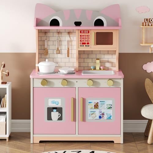 Wooden Play Kitchen for Ages 3 8 Babies  Cat Design Kitchen Playset with Microwave  Stove  Sink  Clicking Knobs  Kids Children Pretend Toy for Boys and Girls  Pink
