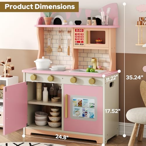 Wooden Play Kitchen for Ages 3 8 Babies  Cat Design Kitchen Playset with Microwave  Stove  Sink  Clicking Knobs  Kids Children Pretend Toy for Boys and Girls  Pink