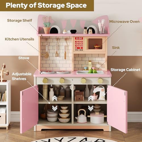 Wooden Play Kitchen for Ages 3 8 Babies  Cat Design Kitchen Playset with Microwave  Stove  Sink  Clicking Knobs  Kids Children Pretend Toy for Boys and Girls  Pink
