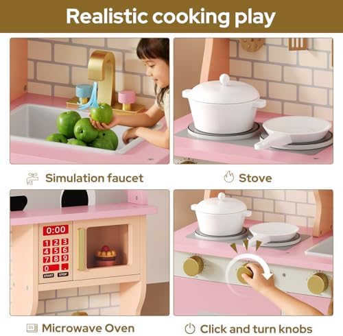 Wooden Play Kitchen for Ages 3 8 Babies  Cat Design Kitchen Playset with Microwave  Stove  Sink  Clicking Knobs  Kids Children Pretend Toy for Boys and Girls  Pink