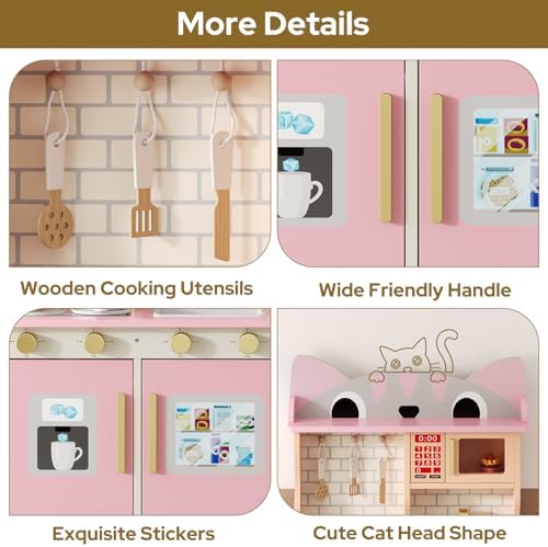 Wooden Play Kitchen for Ages 3 8 Babies  Cat Design Kitchen Playset with Microwave  Stove  Sink  Clicking Knobs  Kids Children Pretend Toy for Boys and Girls  Pink