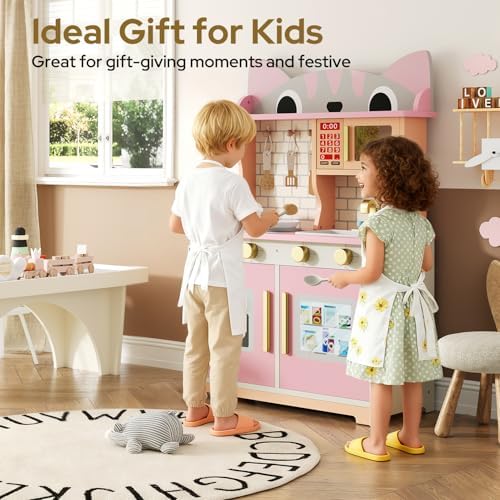 Wooden Play Kitchen for Ages 3 8 Babies  Cat Design Kitchen Playset with Microwave  Stove  Sink  Clicking Knobs  Kids Children Pretend Toy for Boys and Girls  Pink