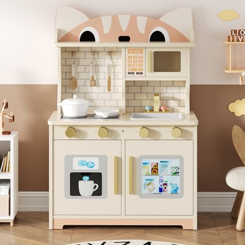 Wooden Play Kitchen for Ages 3 8 Babies  Cat Design Kitchen Playset with Microwave  Stove  Sink  Clicking Knobs  Kids Children Pretend Toy for Boys and Girls  Pink
