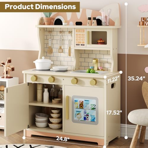 Wooden Play Kitchen for Ages 3 8 Babies  Cat Design Kitchen Playset with Microwave  Stove  Sink  Clicking Knobs  Kids Children Pretend Toy for Boys and Girls  Pink