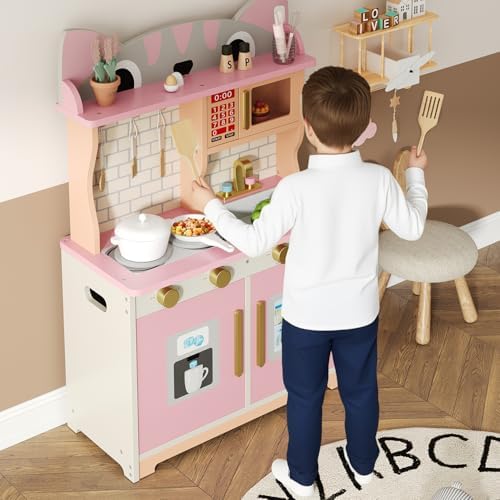 Wooden Play Kitchen for Ages 3 8 Babies  Cat Design Kitchen Playset with Microwave  Stove  Sink  Clicking Knobs  Kids Children Pretend Toy for Boys and Girls  Pink