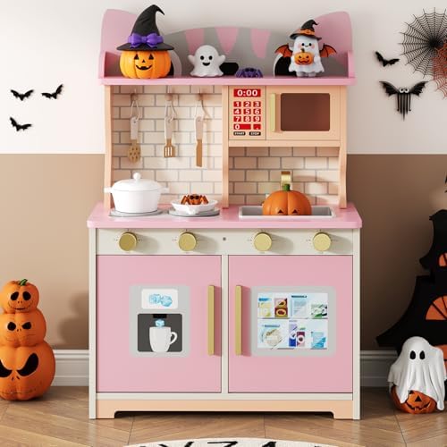 Wooden Play Kitchen for Ages 3 8 Babies  Cat Design Kitchen Playset with Microwave  Stove  Sink  Clicking Knobs  Kids Children Pretend Toy for Boys and Girls  Pink