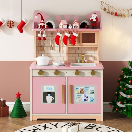 Wooden Play Kitchen for Ages 3 8 Babies  Cat Design Kitchen Playset with Microwave  Stove  Sink  Clicking Knobs  Kids Children Pretend Toy for Boys and Girls  Pink