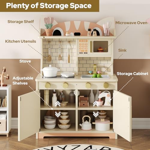 Wooden Play Kitchen for Ages 3 8 Babies  Cat Design Kitchen Playset with Microwave  Stove  Sink  Clicking Knobs  Kids Children Pretend Toy for Boys and Girls  Pink