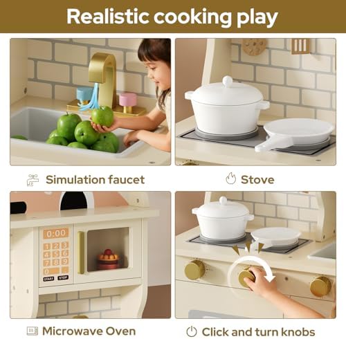 Wooden Play Kitchen for Ages 3 8 Babies  Cat Design Kitchen Playset with Microwave  Stove  Sink  Clicking Knobs  Kids Children Pretend Toy for Boys and Girls  Pink