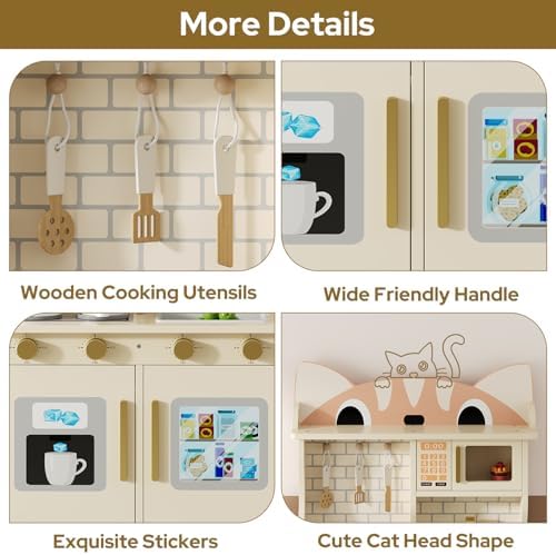 Wooden Play Kitchen for Ages 3 8 Babies  Cat Design Kitchen Playset with Microwave  Stove  Sink  Clicking Knobs  Kids Children Pretend Toy for Boys and Girls  Pink