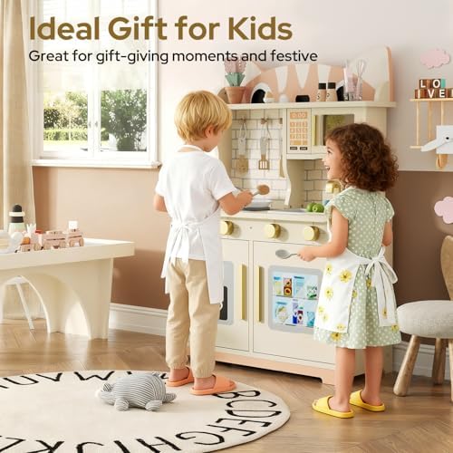 Wooden Play Kitchen for Ages 3 8 Babies  Cat Design Kitchen Playset with Microwave  Stove  Sink  Clicking Knobs  Kids Children Pretend Toy for Boys and Girls  Pink