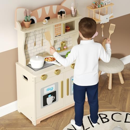 Wooden Play Kitchen for Ages 3 8 Babies  Cat Design Kitchen Playset with Microwave  Stove  Sink  Clicking Knobs  Kids Children Pretend Toy for Boys and Girls  Pink