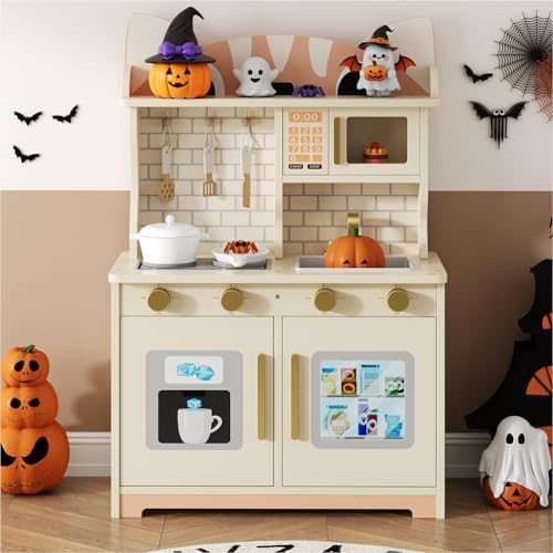 Wooden Play Kitchen for Ages 3 8 Babies  Cat Design Kitchen Playset with Microwave  Stove  Sink  Clicking Knobs  Kids Children Pretend Toy for Boys and Girls  Pink