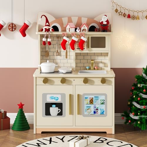 Wooden Play Kitchen for Ages 3 8 Babies  Cat Design Kitchen Playset with Microwave  Stove  Sink  Clicking Knobs  Kids Children Pretend Toy for Boys and Girls  Pink